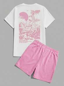 Manfinity Joysei Men's Standard Size White Short Sleeve T-Shirt And Pink Woven Shorts Set - Multicolor - View 2
