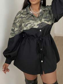 Maweii Plus Size Women Contrast Color Lantern Sleeve Camouflage Front Button Drawstring Waist Top - Multicolor - View 6