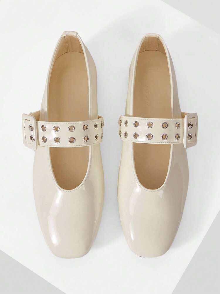 WOMEN SHOES NEW FRENCH RETRO FASHION APRICOT PU LEATHER DOUBLE-BREASTED RIVET BUCKLE SQUARE TOE FLAT-SOLED SHOES, COMFORTABLE AND VERSATILE, LIGHTWEIGHT AND NOT TIRED FEET, SIMPLE ATMOSPHERE, CASUAL AND HIGH-END FOREIGN MARY JANE SHOES