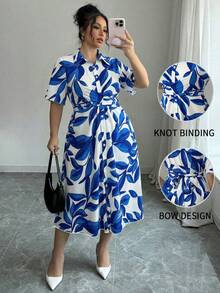 Elenzga Blue Collared Short Sleeve Cinched Waist Casual Plus Size Dress With Artistic Leaf Print In Blue And White - Blue - View 1
