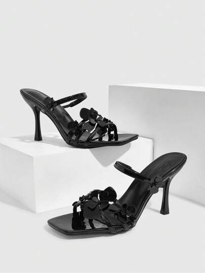 CUCCOO SZL Giày nữ màu đen, họa tiết hoa 3D, mũi vuông, gót nhọn, thích hợp cho các buổi tiệc lãng mạn, hẹn hò, mùa hè.