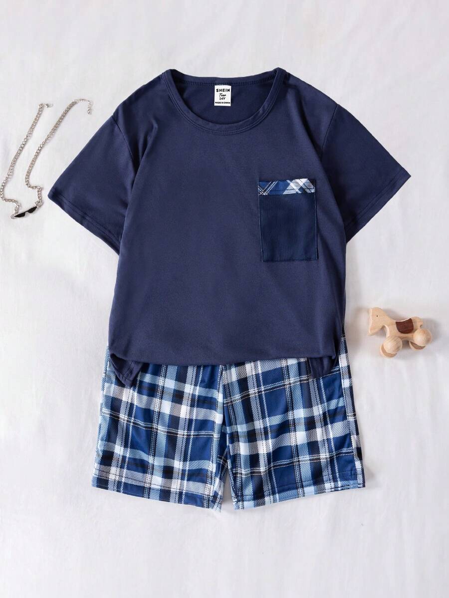 三件套：青少年男童简约时尚黑色、灰色、蓝色字母印花短袖T恤和短裤睡衣 - 藏蓝色 - 查看 1