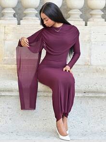 Mima John 女士优雅荷叶边长袖修身连衣裙，秋季 - 紫色 - 查看 3