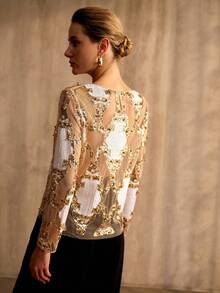 MOTF PREMIUM RHINESTONE EMBROIDERY SEQUIN DECOR LOOSE FIT ROUND NECK LONG SLEEVE TOP FOR WOMEN - Multicolor - View 4