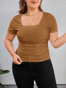 SHEIN Privé Camiseta de manga corta de unicolor y textura casual para talla grande, verano - Naranja - Ver 4