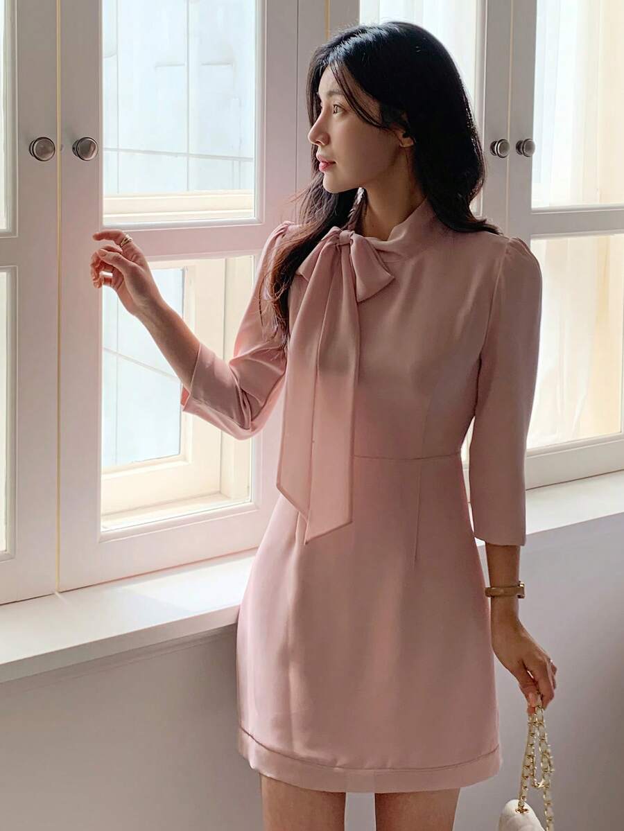 Women's Patchwork Bow Tie Waist Short Dress Sundress - Baby Pink - View 1