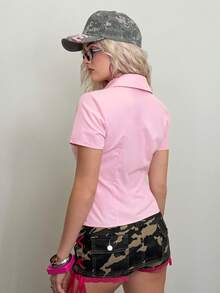 The Winx X SHEIN Women's Front Button Short Sleeve Casual Summer Everyday Shirt, The Winx - Pink - View 2