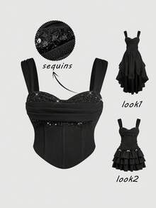 SHEIN MOD 大码女式亮片性感百搭约会之夜上衣 - 黑色 - 查看 2