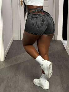 Slaydiva 女士后腰系带修身休闲牛仔短裤 - 黑色 - 查看 2