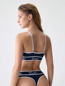 Loungeista Conjunto de sujetador y panty de gráficos de letras con encuadernación de contraste, conjunto de lencería deportiva - azul real - Ver 2