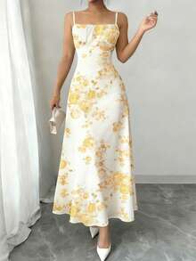 Arcane Artistry Women's Floral Print Elegant Spaghetti Strap Dress, Suitable For Vacation - Light Yellow - View 3