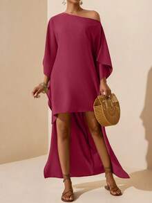 Vesra Women's Vacation Casual Solid Color Asymmetric Collar Dress - Rose Red - View 5