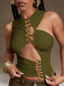 Denimoi Chain Detail Cut Out Sexy Top Concert Outfits Festival Outfits Clubwear - Olive Green - View 2