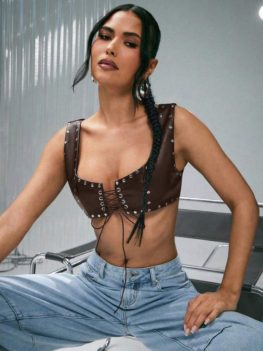 Denimoi Studded Lace Up Front Cropped Faux Leather Bralette Top Sexy Tops Concert Outfits Clubwear - Coffee Brown - View 1