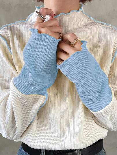 FRIFUL 女士高领长袖修身袖口撞色拼接波浪下摆装饰常规套头T恤