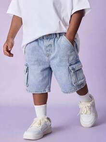 Trending Summer Young Boys' Washed Denim Utility Cargo Shorts, Elastic Waist Loose Straight Leg Design - Light Wash - View 1