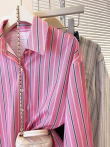 INAWLY Women's Striped Long Sleeve Single-Breasted Casual Shirt - Hot Pink - View 7