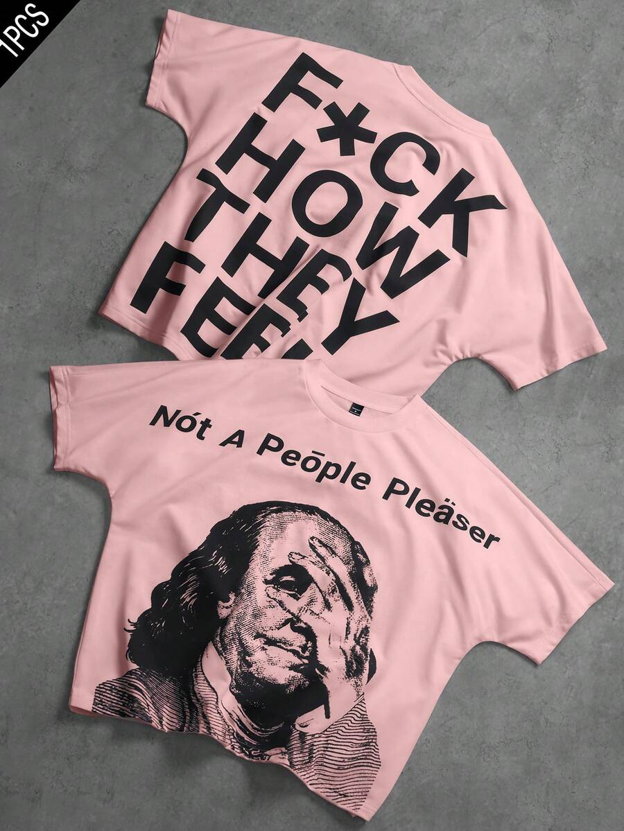 PAVTROS 男士标语和图案印花短袖休闲百搭T恤 - 淺粉色 - 查看 1