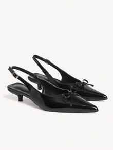 CUCCOO CHICEST Black Patent Leather Kitten With Low Vamp Bow Pointed Slingback Banquet Dress Shoes - Black - View 1