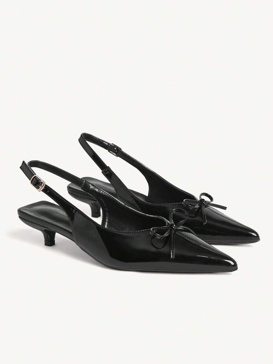 CUCCOO CHICEST Black Patent Leather Kitten With Low Vamp Bow Pointed Slingback Banquet Dress Shoes - Black - View 1