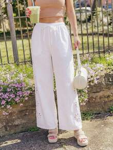 Coeurva Women's Casual Straight-Leg White Pants, Elegant & Romantic, Spring/Summer Linen Trousers Wide Leg Trousers Women's Pants Drawstring Waist Pants - White - View 8