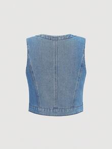 SHEIN MOD Conjunto de chaleco de mujer de metal de una hilera y falda de mezclilla - Lavado ligero - Ver 4