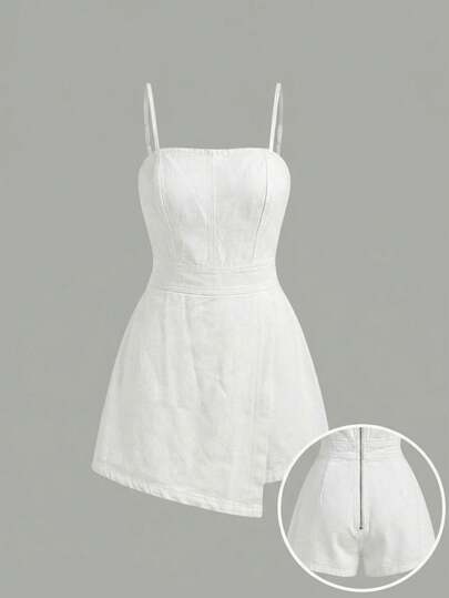 SHEIN MOD Women's Solid Color Asymmetric Hem Denim Jumpsuit