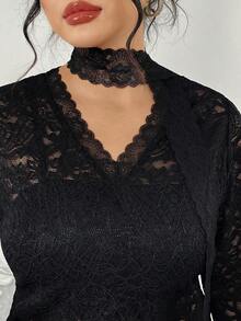 Modelyn Plus Size Women Lace Patchwork Fitted Versatile Knit Collar Top, Elegant For Spring/Summer - Black - View 6