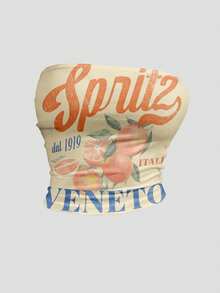 SHEIN Sweetro Women's Summer Italia Veneto Cocktail Lemon Orange Fruit Print Cropped Camisole Top, Y2K Style Beach Vacation Outfit - Apricot - View 1