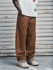 Modcrash 男士直筒宽松休闲百搭带口袋牛仔裤 - 咖啡棕 - 查看 4