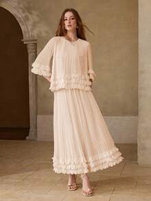MOTF PREMIUM WOMEN'S ROMANTIC DATE LONG SLEEVE LACE TRIM APRICOT ROUND NECK BLOUSE, SPRING/SUMMER - Pink - View 5
