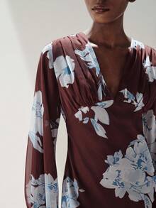 Aveloria Modichic Đầm maxi chiffon in họa tiết hoa lớn ngẫu nhiên, phối màu nâu sô cô la và xanh nhạt, kiểu dáng cổ điển Pháp tự nhiên, thanh lịch, tinh tế, lãng mạn, phù hợp cho công sở, du lịch, đa năng. Thiết kế cổ chữ V sâu, tay dài phồng, thắt eo. - Nhiều màu - Xem 4