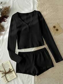 SHEIN EZwear 女士休闲长袖上衣和短裤两件套，95%纯棉，黑色 - 黑色 - 查看 8