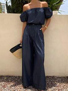 Livesso Bộ đồ denim hai mảnh cho nữ, áo trễ vai - Màu xanh lam - Xem 1