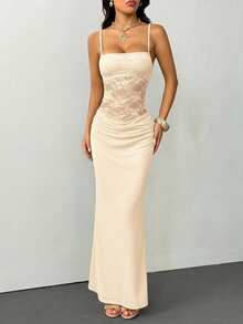 SHEIN PETITE 女士吊带蕾丝透视连衣裙，性感派对装、约会装、节日装，适合秋冬季节，可作内搭。 - 杏色 - 查看 7