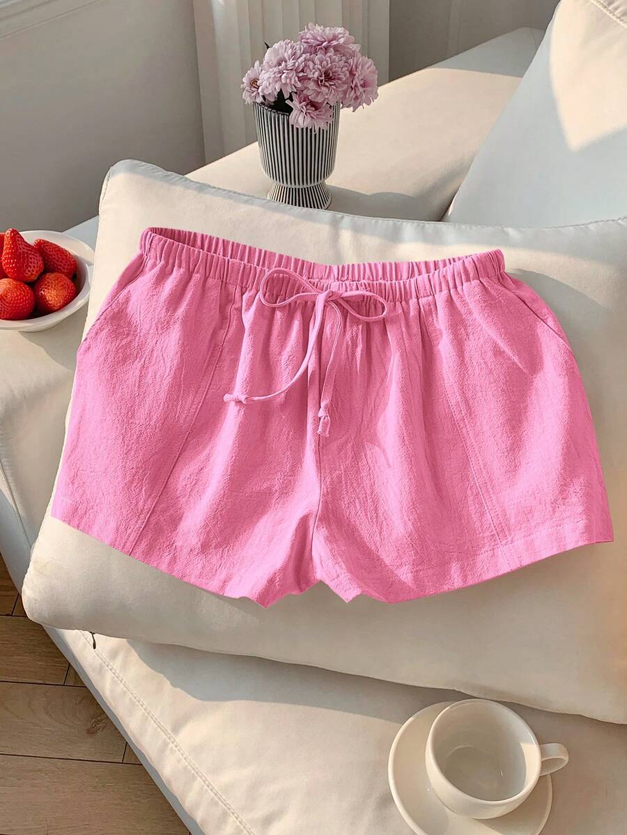 Comfortcana Pantalones cortos de mujer casuales y sueltos con cordón, pantalones cortos de lino versátiles para uso diario en color rosa rojo - Rosa Fucsia - Ver 1