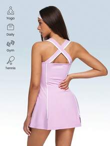 SHEIN Sovereign Charm Women's Lilac Purple Tennis Dress,Summer Casual Sleeveless Athletic Dress,White Contrast Piping,Square Neck,Crossover Back,Gym Workout Golf Dress - Purple - View 2