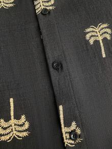 Genlund 2pcs Men's Summer Set,Black And Gold Coconut Tree Print Shirt & Shorts,Boho Beach Holiday Vacation Outfits,Textured Short Sleeve Button Down Resort - Black - View 5