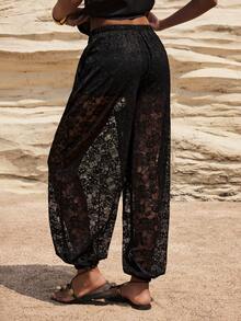 Maija Women's Elastic Waist Floral Lace Pocket Ankle Length Pants - Black - View 3