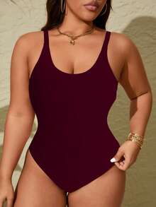 Swim Lushoire Plus Size Basic Round Neck Backless One-Piece Swimsuit - Burgundy - View 3