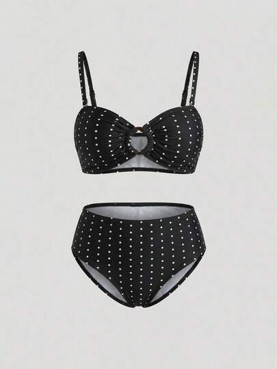 Sweetra CURVE 大码女式时尚波点印花比基尼套装，无肩带胸环高腰三角泳裤，时尚可爱性感，适合夏季度假