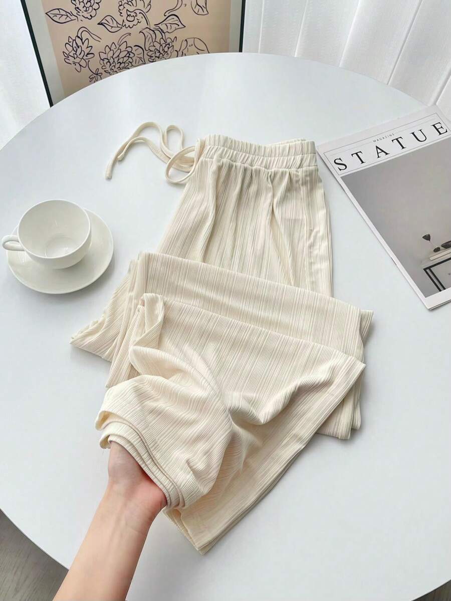 GlowEve High-Quality Silky Loose Wide-Leg Culottes, Casual Versatile Ribbed Straight Leg Pants For Women - Apricot - View 1