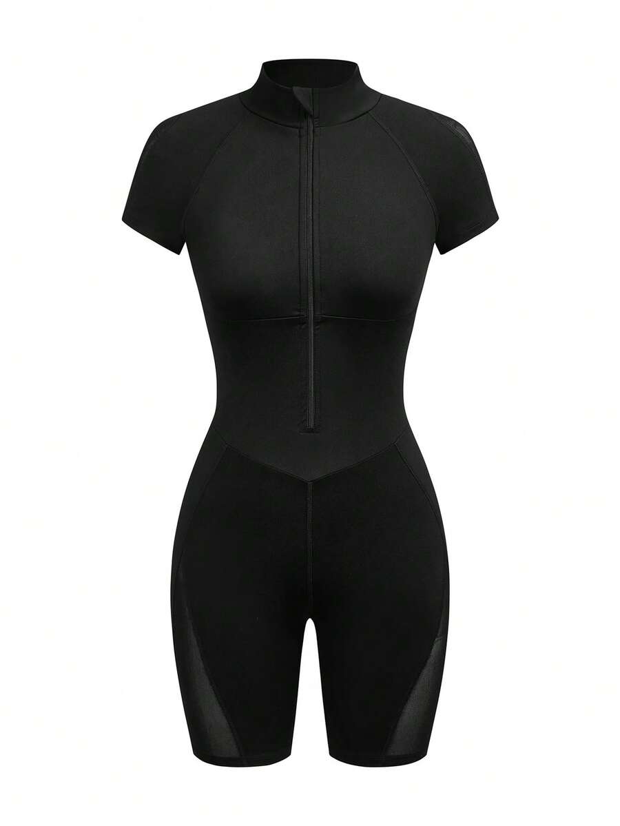 Innovista 女士纯色立领休闲日常通勤运动连体衣紧身衣健身紧身衣压缩紧身衣女士骑行服女士一体式运动服 - 黑色 - 查看 1