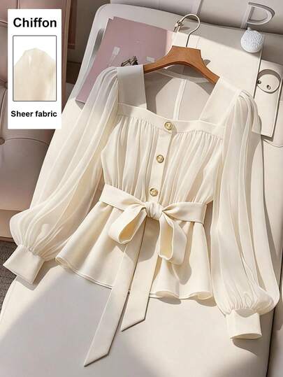 SHEIN PETITE CURVE Plus Size Women's Elegant Commuter Color Block Lantern Sleeve Blouse, Sunflower Hem Shirt, Spring & Autumn