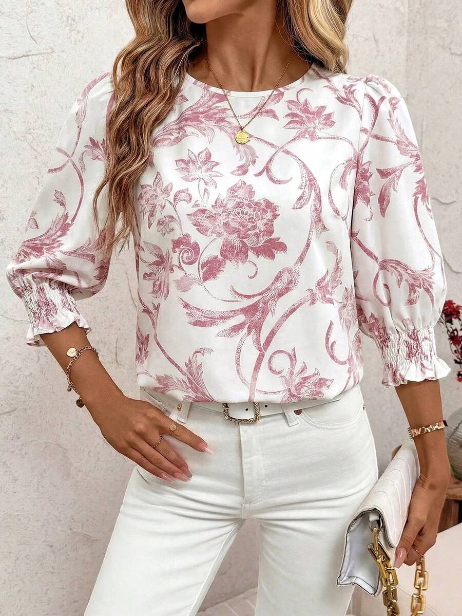 SHEIN Clasi 女士圆领中袖宽松休闲衬衫 - 粉色 - 查看 1