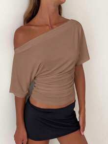Aloruh Áo kiểu dáng rộng rãi, lệch vai, thắt eo, áo thun cơ bản tối giản. - Cà phê nâu - Xem 8