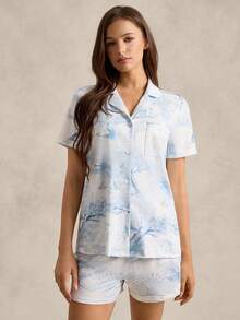 EverLounge Damen Vintage Britischer Stil Tier- und Baummuster Kragen Kurzarm Shorts Pyjama Set, Hellblau - Babyblau - Übersicht 3