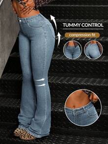 SHEIN Tall Quần jeans ống loe bó cạp vừa, lót nhiệt có túi dành cho nữ - Màu xanh lam - Xem 6