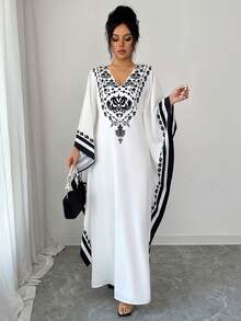 Selianne 女士优雅时尚通勤新款师生恋简约浪漫假日宽松V领无袖印花连衣裙 - 黑與白 - 查看 1