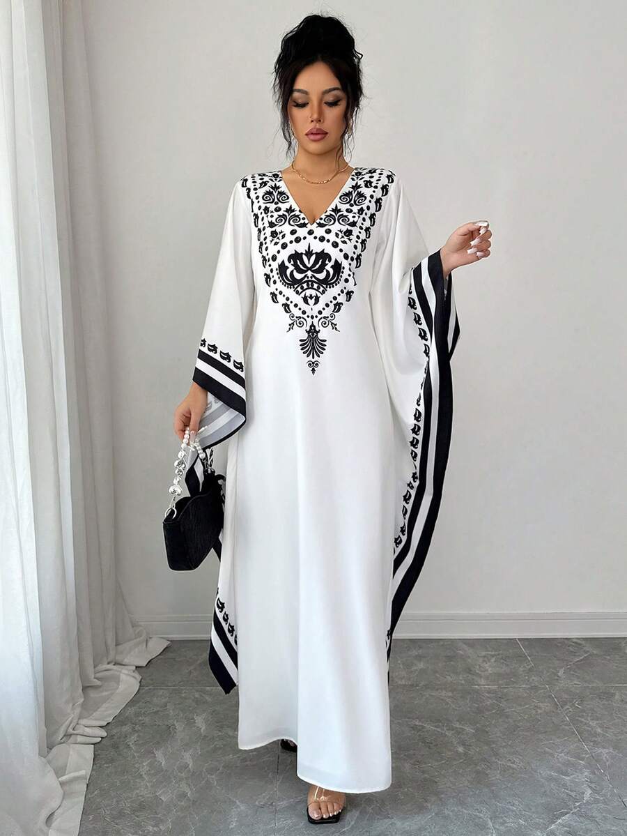 Selianne 女士优雅时尚通勤新款师生恋简约浪漫假日宽松V领无袖印花连衣裙 - 黑與白 - 查看 1